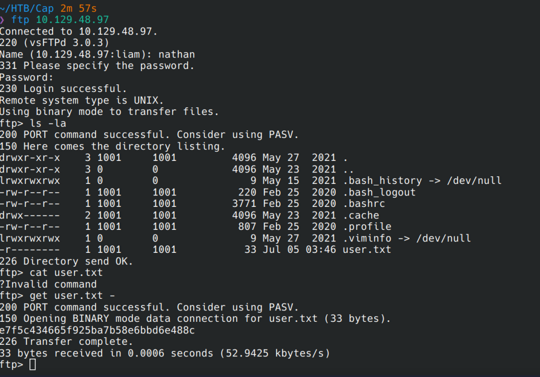 FTP session as nathan listing home directory and downloading user.txt