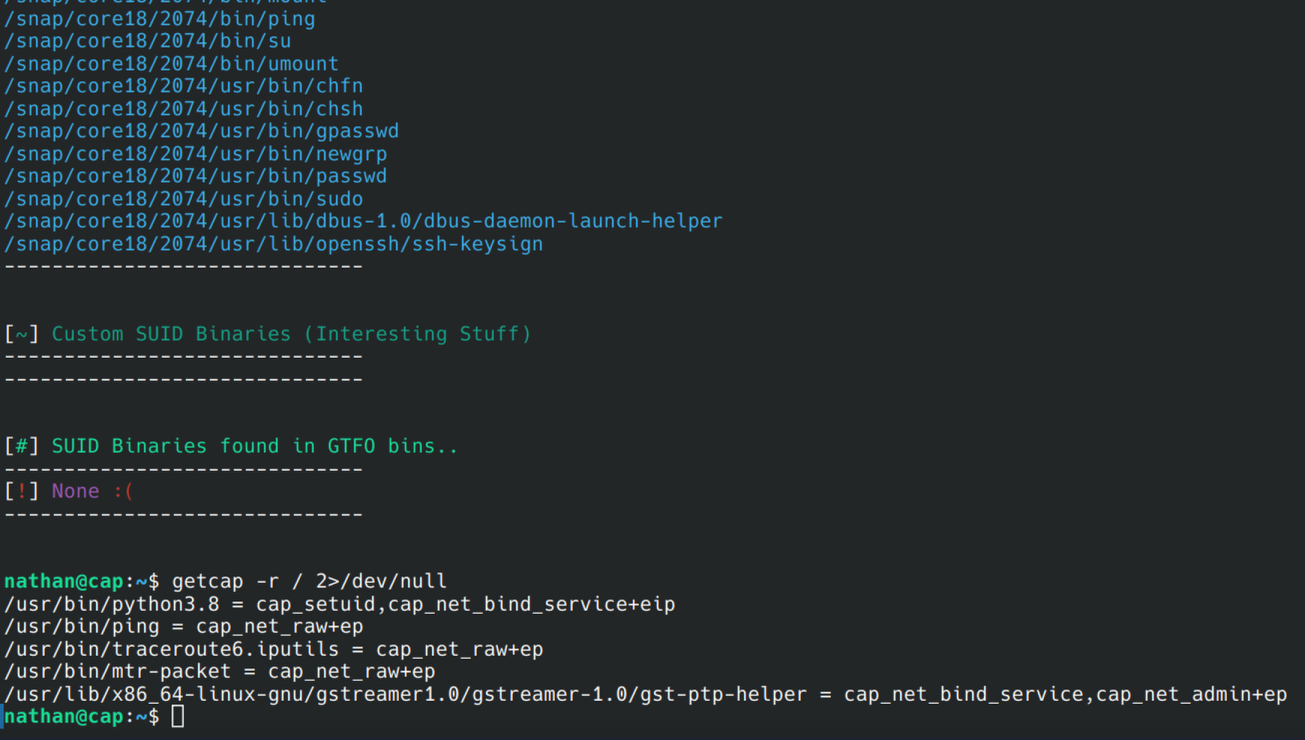 getcap output showing python3.8 with cap_setuid,cap_net_bind_service+eip