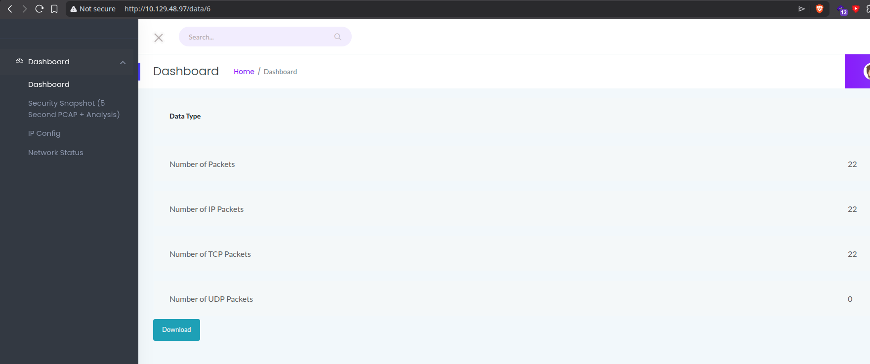 /data/6 endpoint showing packet stats and a Download button, with the id visible in the URL