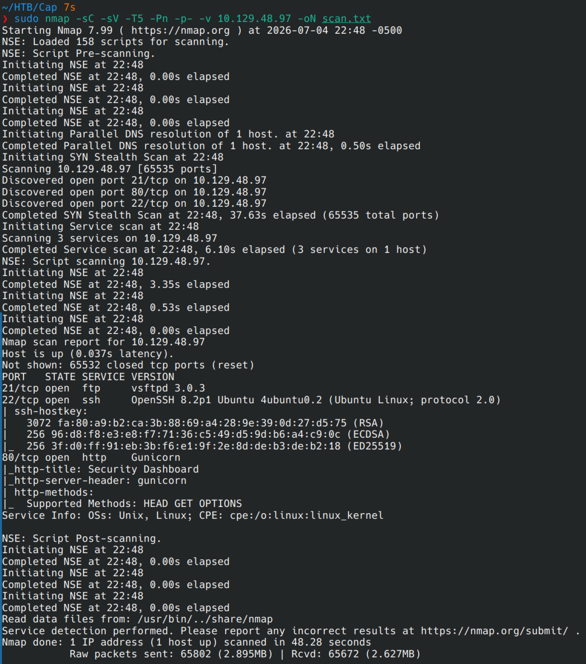nmap scan showing ports 21 (vsftpd 3.0.3), 22 (OpenSSH 8.2p1), and 80 (gunicorn, "Security Dashboard")