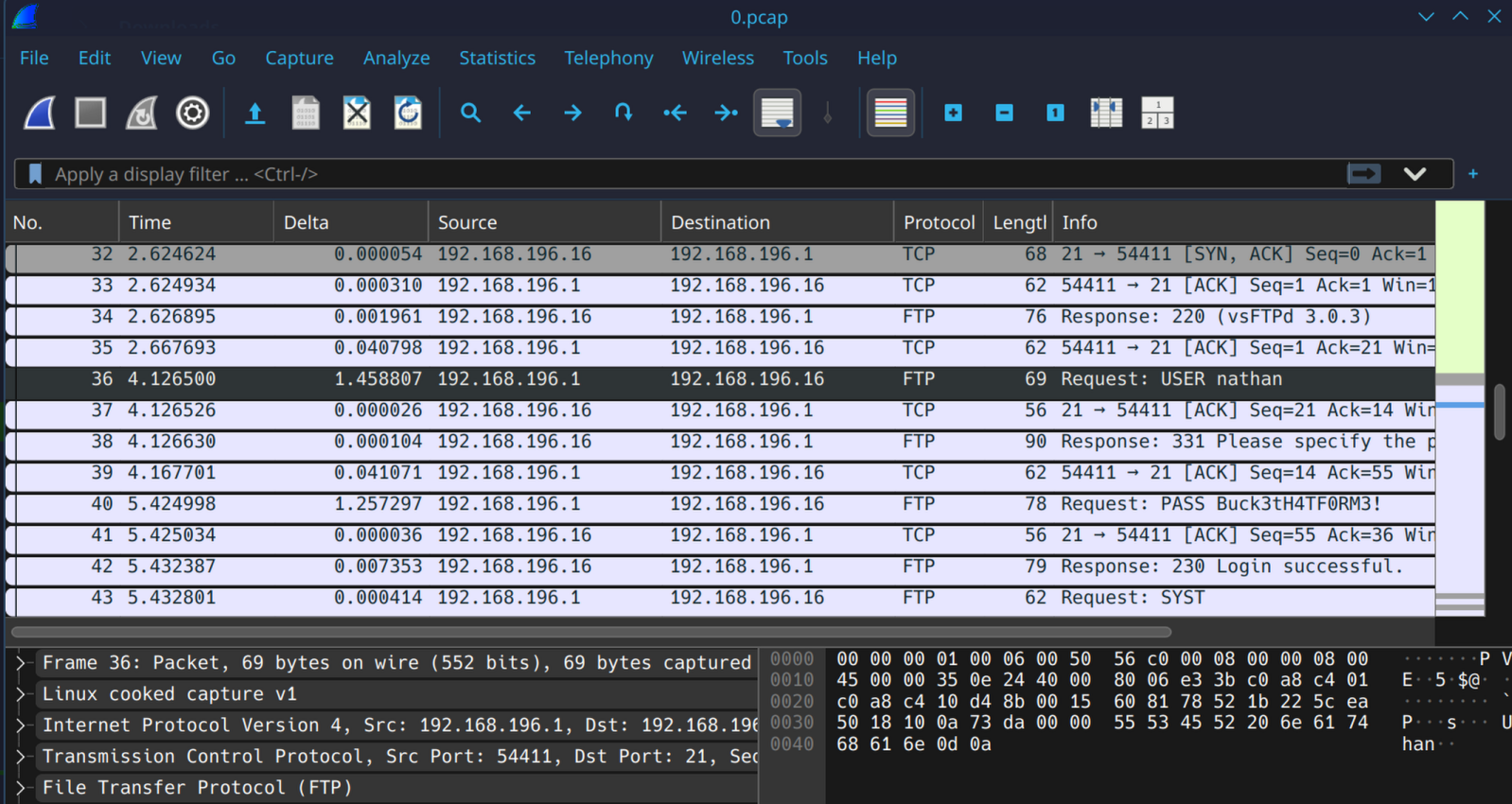 Wireshark showing FTP USER nathan and PASS Buck3tH4TF0RM3! in cleartext
